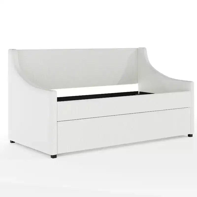 Twin Upholstered Daybed with Pull-Out Trundle, Off-White Faux Linen, Solid Wood Frame, 500 lb Capacity, No Box Spring Needed