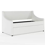 Lit de repos double rembourré avec lit gigogne extractible, lin synthétique blanc cassé, cadre en bois massif, capacité de 227 kg, aucun sommier tapissier requis