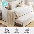 Lit de repos double rembourré avec lit gigogne extractible, lin synthétique blanc cassé, cadre en bois massif, capacité de 227 kg, aucun sommier tapissier requis