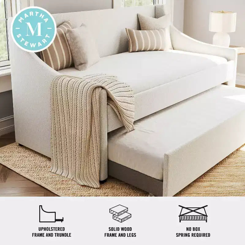 Twin Upholstered Daybed with Pull-Out Trundle, Off-White Faux Linen, Solid Wood Frame, 500 lb Capacity, No Box Spring Needed