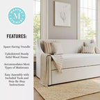 Lit de repos double rembourré avec lit gigogne extractible, lin synthétique blanc cassé, cadre en bois massif, capacité de 227 kg, aucun sommier tapissier requis