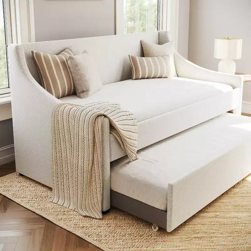 Twin Upholstered Daybed with Pull-Out Trundle, Off-White Faux Linen, Solid Wood Frame, 500 lb Capacity, No Box Spring Needed
