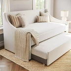 Lit de repos double rembourré avec lit gigogne extractible, lin synthétique blanc cassé, cadre en bois massif, capacité de 227 kg, aucun sommier tapissier requis