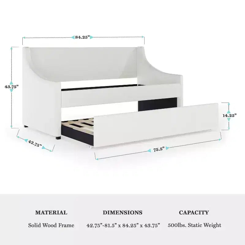 Twin Upholstered Daybed with Pull-Out Trundle, Off-White Faux Linen, Solid Wood Frame, 500 lb Capacity, No Box Spring Needed