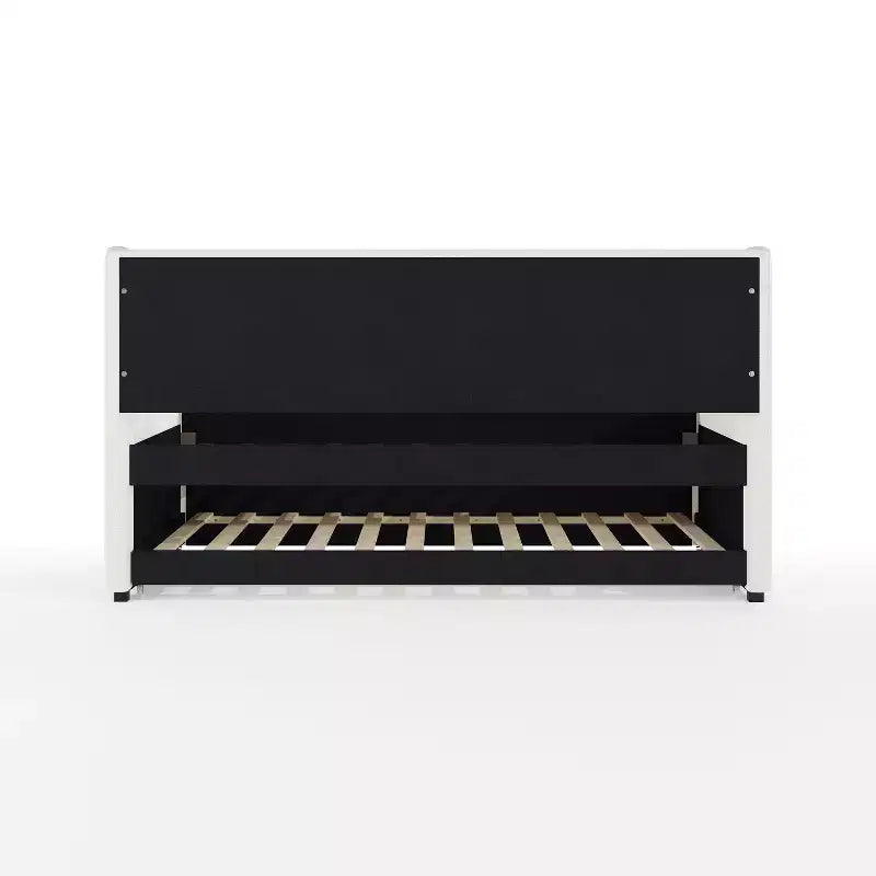 Twin Upholstered Daybed with Pull-Out Trundle, Off-White Faux Linen, Solid Wood Frame, 500 lb Capacity, No Box Spring Needed