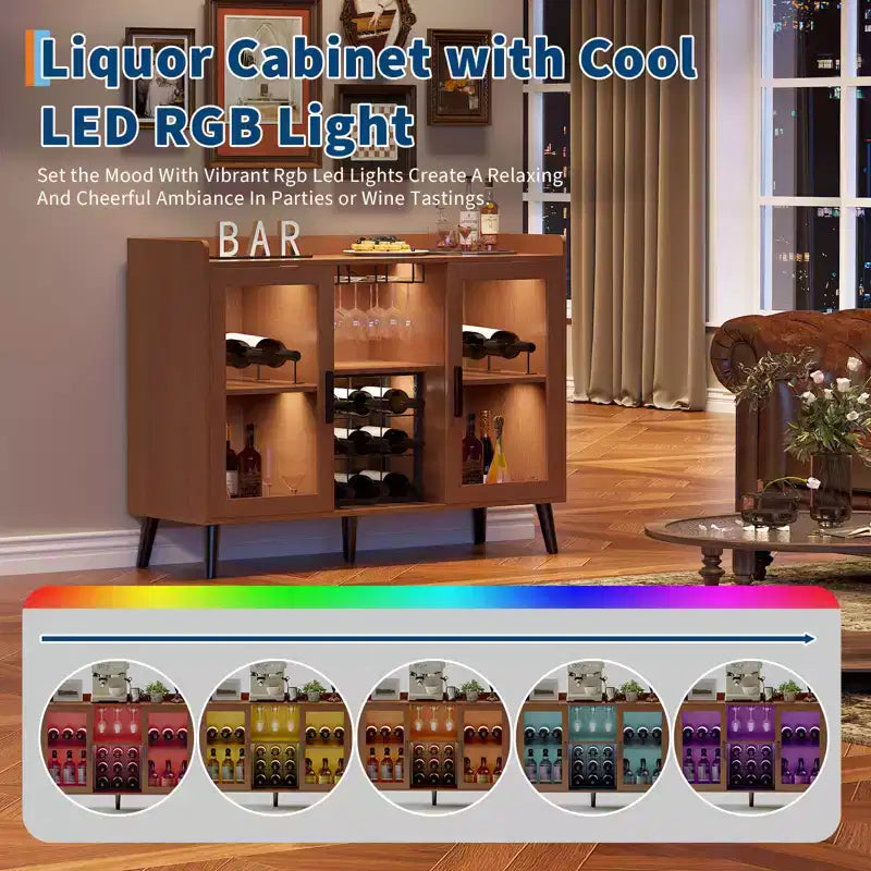 Freestanding Wine Bar Cabinet, 47 Wooden Coffee Bar Cabinet with Wine Rack & Glass Door, Sideboard Buffet Cabinet for Living Room, Kitchen