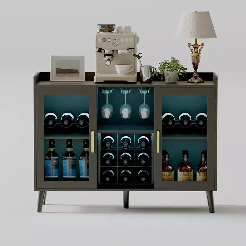 Freestanding Wine Bar Cabinet, 47 Wooden Coffee Bar Cabinet with Wine Rack & Glass Door, Sideboard Buffet Cabinet for Living Room, Kitchen