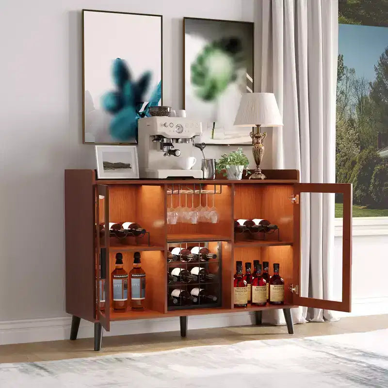 Freestanding Wine Bar Cabinet, 47 Wooden Coffee Bar Cabinet with Wine Rack & Glass Door, Sideboard Buffet Cabinet for Living Room, Kitchen