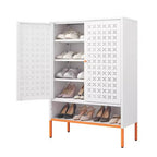 Meuble à chaussures d'entrée avec banc creux et 10 étagères, organisateur de chaussures en métal à 4 portes, 117 cm H, Noir/Blanc, Creux ou Maille