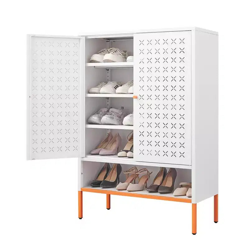 Entryway Shoe Cabinet with Hollow Bench Seat & 10 Shelves, 4-Door Metal Shoe Organizer, 46"H, Black/White, Hollow or Mesh