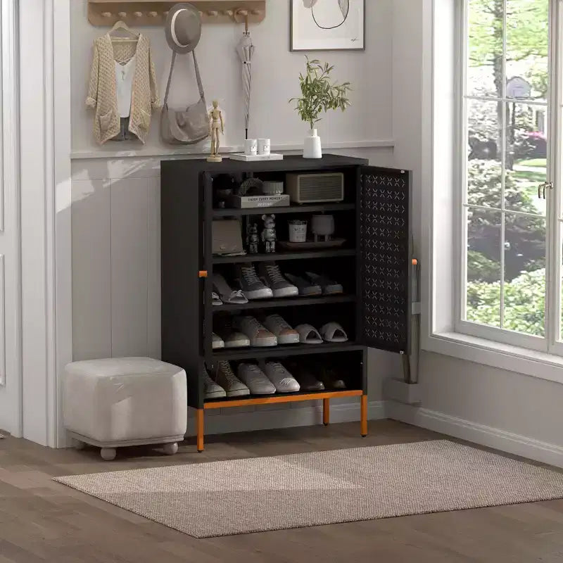 Entryway Shoe Cabinet with Hollow Bench Seat & 10 Shelves, 4-Door Metal Shoe Organizer, 46"H, Black/White, Hollow or Mesh