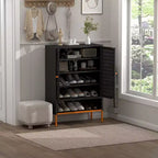 Meuble à chaussures d'entrée avec banc creux et 10 étagères, organisateur de chaussures en métal à 4 portes, 117 cm H, Noir/Blanc, Creux ou Maille