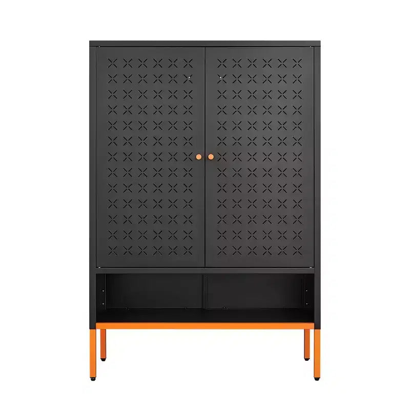 Entryway Shoe Cabinet with Hollow Bench Seat & 10 Shelves, 4-Door Metal Shoe Organizer, 46"H, Black/White, Hollow or Mesh