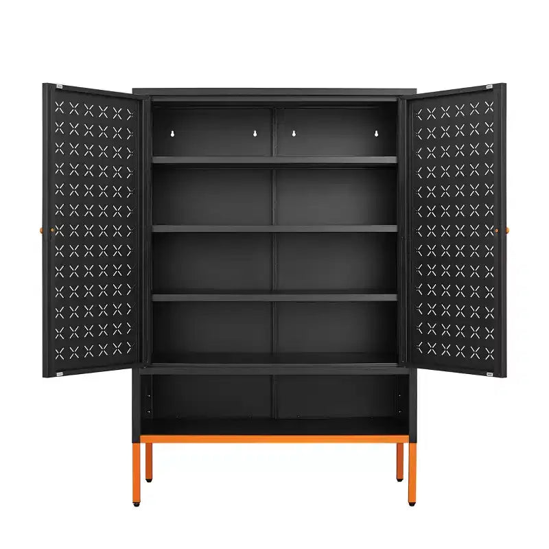 Entryway Shoe Cabinet with Hollow Bench Seat & 10 Shelves, 4-Door Metal Shoe Organizer, 46"H, Black/White, Hollow or Mesh