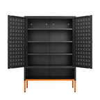 Meuble à chaussures d'entrée avec banc creux et 10 étagères, organisateur de chaussures en métal à 4 portes, 117 cm H, Noir/Blanc, Creux ou Maille