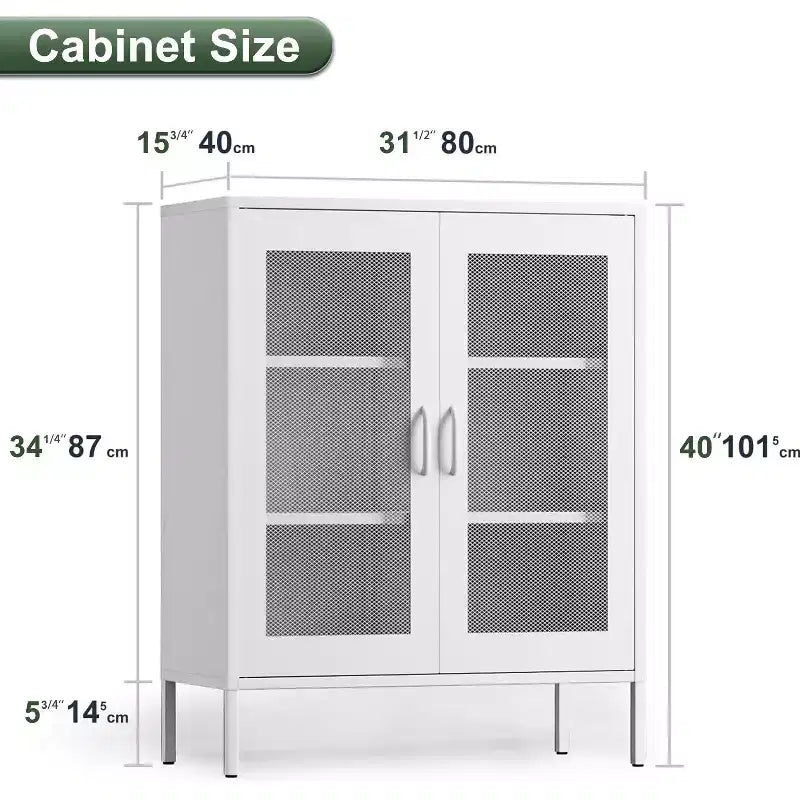 Metal Display Cabinet & Sideboard with 3 Shelves, 2-Door Freestanding Storage Cabinet, 40"H x 15.75"W, Black or White