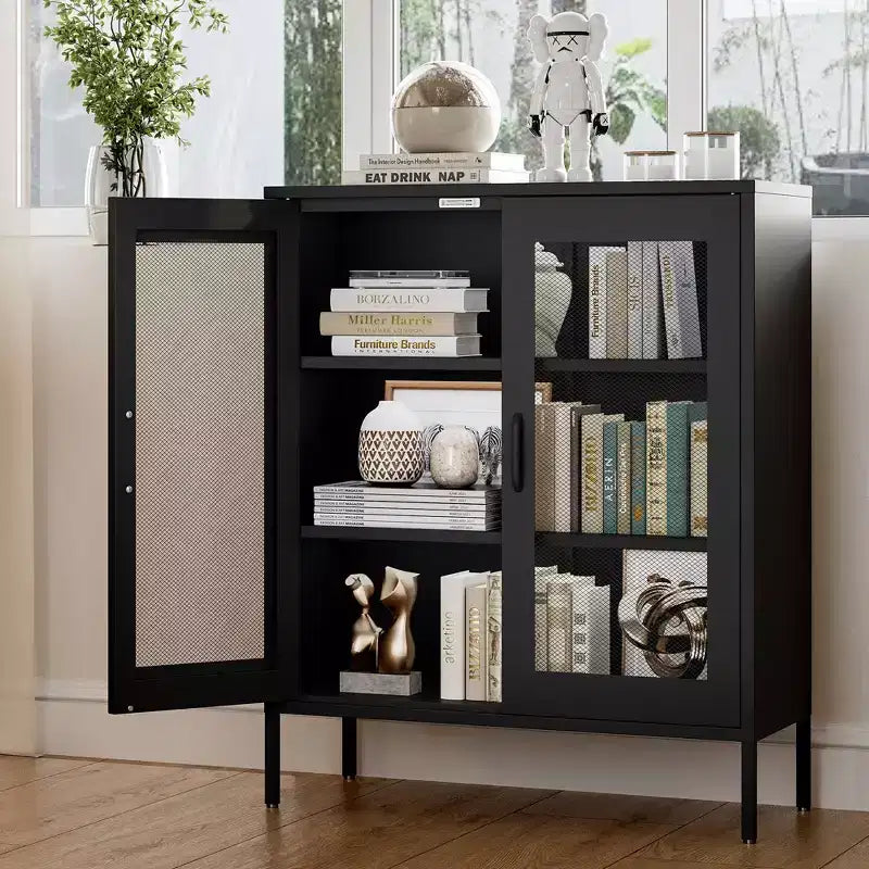Metal Display Cabinet & Sideboard with 3 Shelves, 2-Door Freestanding Storage Cabinet, 40"H x 15.75"W, Black or White