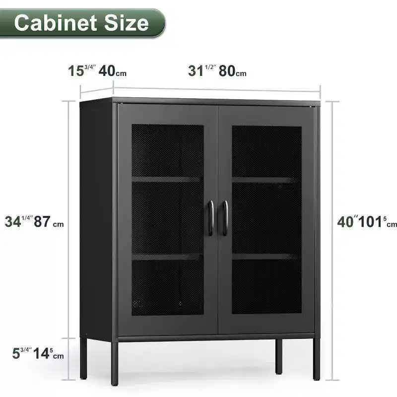 Metal Display Cabinet & Sideboard with 3 Shelves, 2-Door Freestanding Storage Cabinet, 40"H x 15.75"W, Black or White