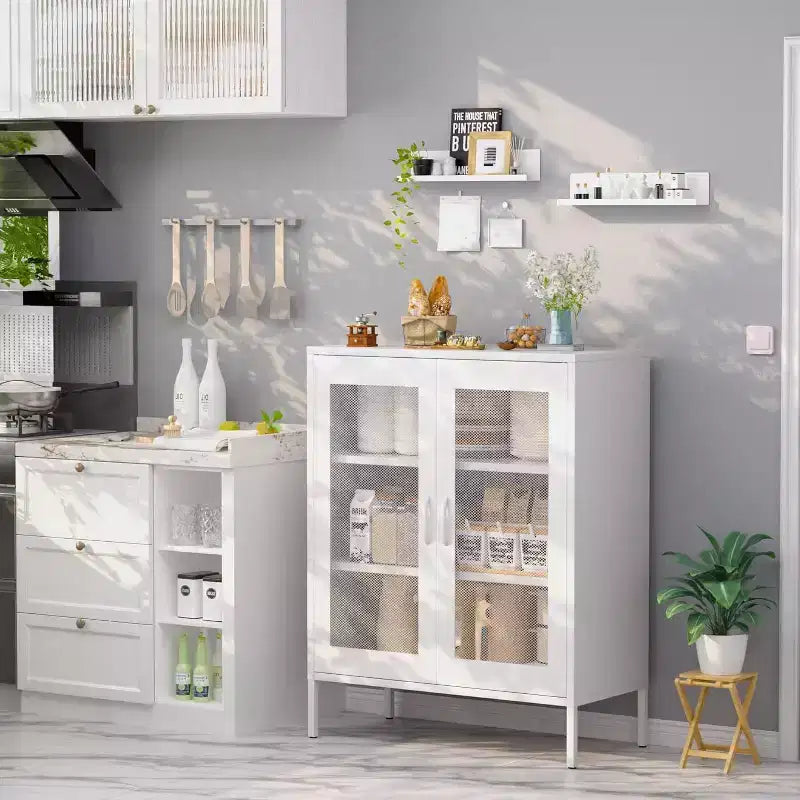 Metal Display Cabinet & Sideboard with 3 Shelves, 2-Door Freestanding Storage Cabinet, 40"H x 15.75"W, Black or White
