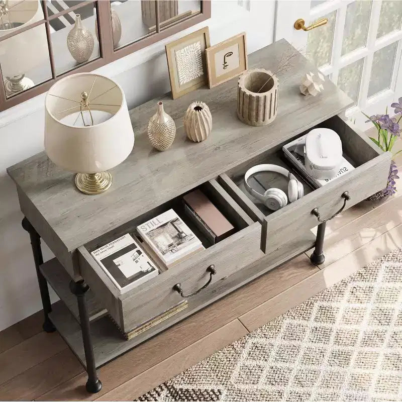 Console Table with 2 Drawers and Storage Shelves, Small Entryway Table for Hallway, Living Room