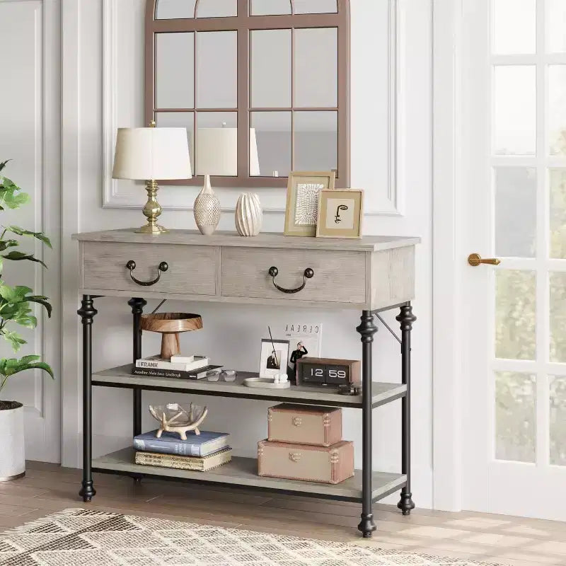 Console Table with 2 Drawers and Storage Shelves, Small Entryway Table for Hallway, Living Room
