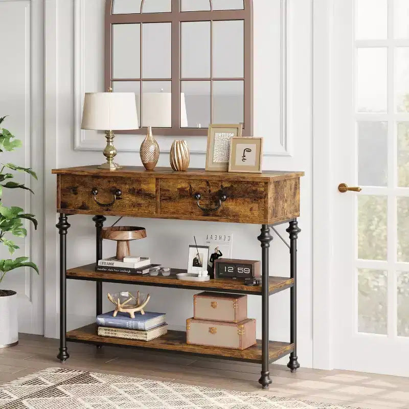 Console Table with 2 Drawers and Storage Shelves, Small Entryway Table for Hallway, Living Room