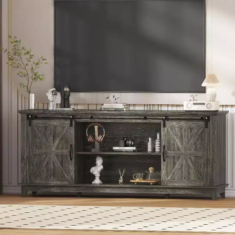 Farmhouse TV Stand 66", Tall Entertainment Center with Sliding Barn Door & Storage Shelves