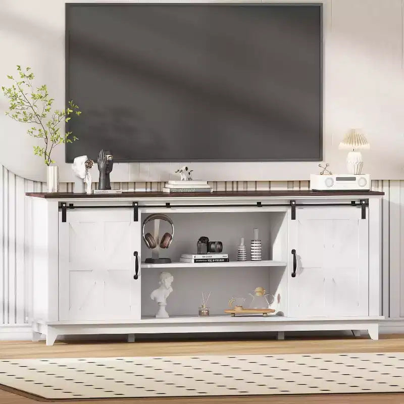 Farmhouse TV Stand 66", Tall Entertainment Center with Sliding Barn Door & Storage Shelves