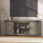 Meuble TV de ferme 66", grand meuble de divertissement avec porte coulissante de grange et étagères de rangement