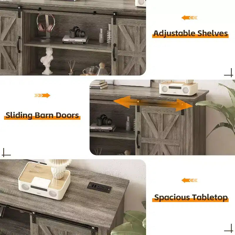 Farmhouse TV Stand 66", Tall Entertainment Center with Sliding Barn Door & Storage Shelves