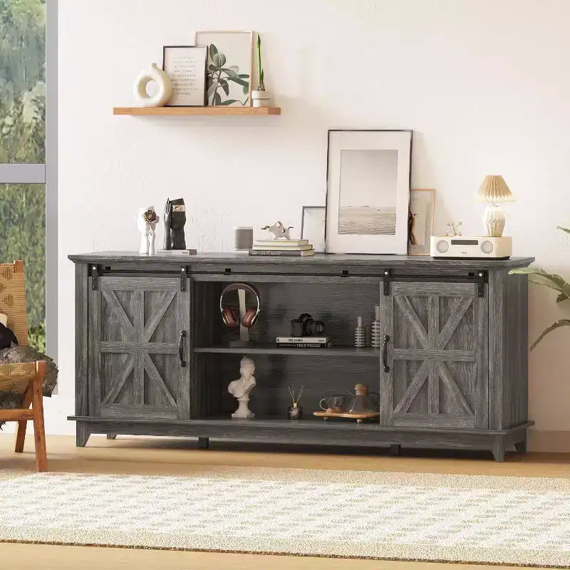 Farmhouse TV Stand 66", Tall Entertainment Center with Sliding Barn Door & Storage Shelves