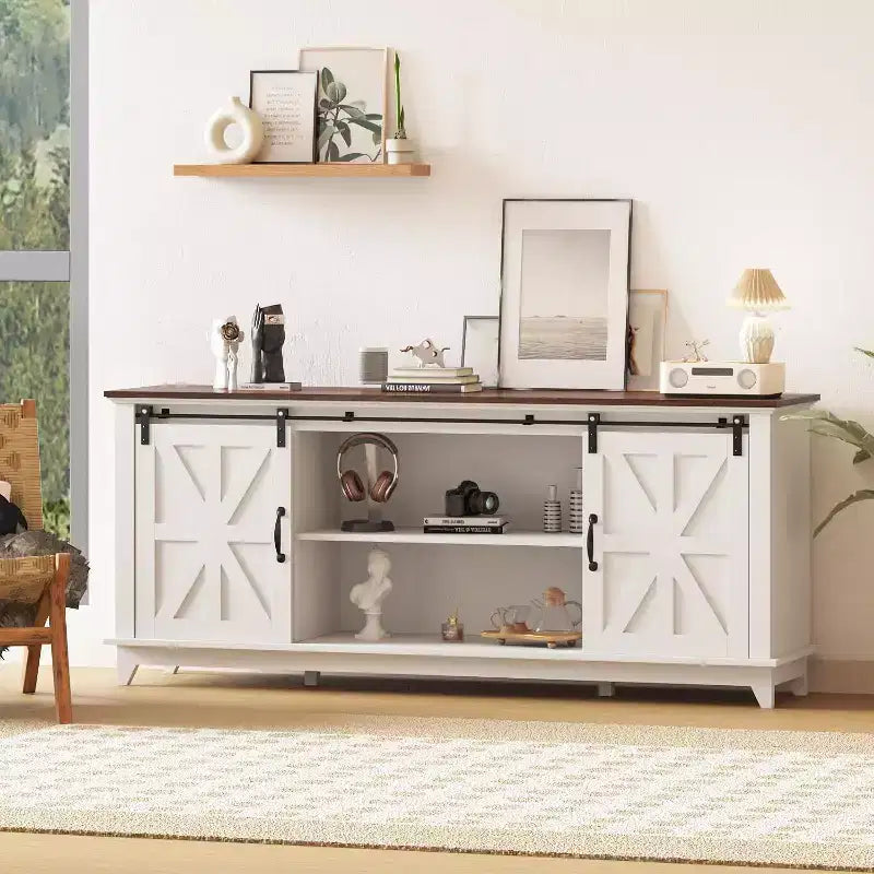 Farmhouse TV Stand 66", Tall Entertainment Center with Sliding Barn Door & Storage Shelves