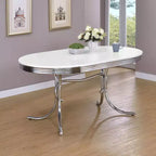 Table à manger ovale rétro 60", plateau blanc avec pied chromé, 6 places