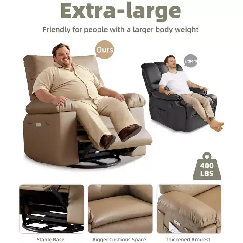 Manual Massage Recliner Chair, 360° Swivel, PU Leather with Side Pockets, Living Room