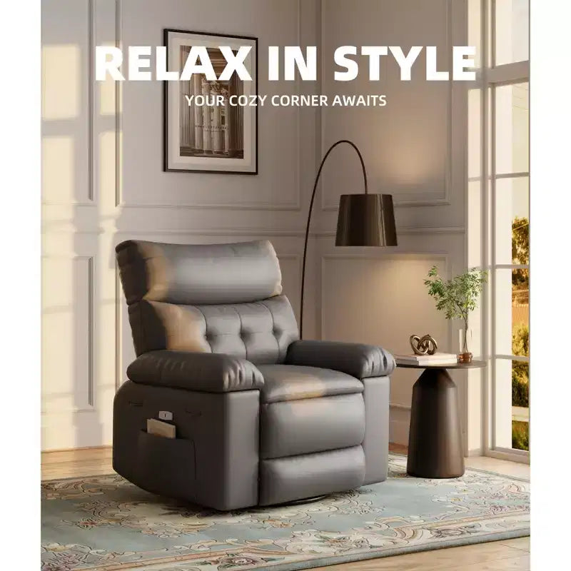 Manual Massage Recliner Chair, 360° Swivel, PU Leather with Side Pockets, Living Room