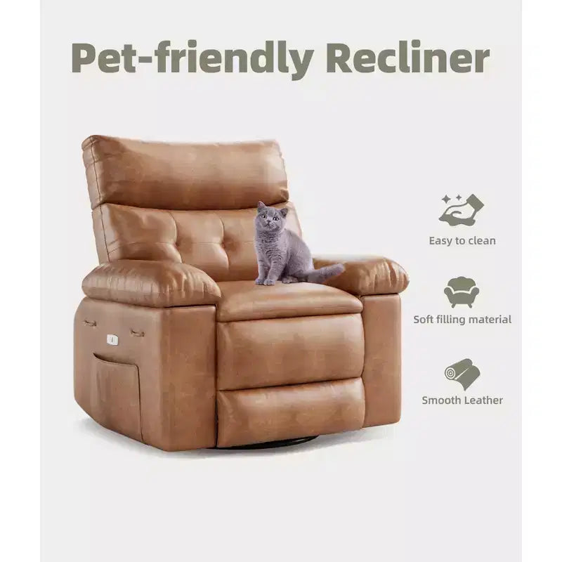 Manual Massage Recliner Chair, 360° Swivel, PU Leather with Side Pockets, Living Room