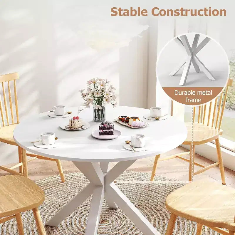 Round Dining Table, 42" Kitchen Table for 4-6, Metal Cross Legs, White
