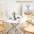 Table à manger ronde, Table de cuisine de 106 cm pour 4-6 personnes, Pieds croisés en métal, Blanc