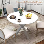 Table à manger ronde, Table de cuisine de 106 cm pour 4-6 personnes, Pieds croisés en métal, Blanc
