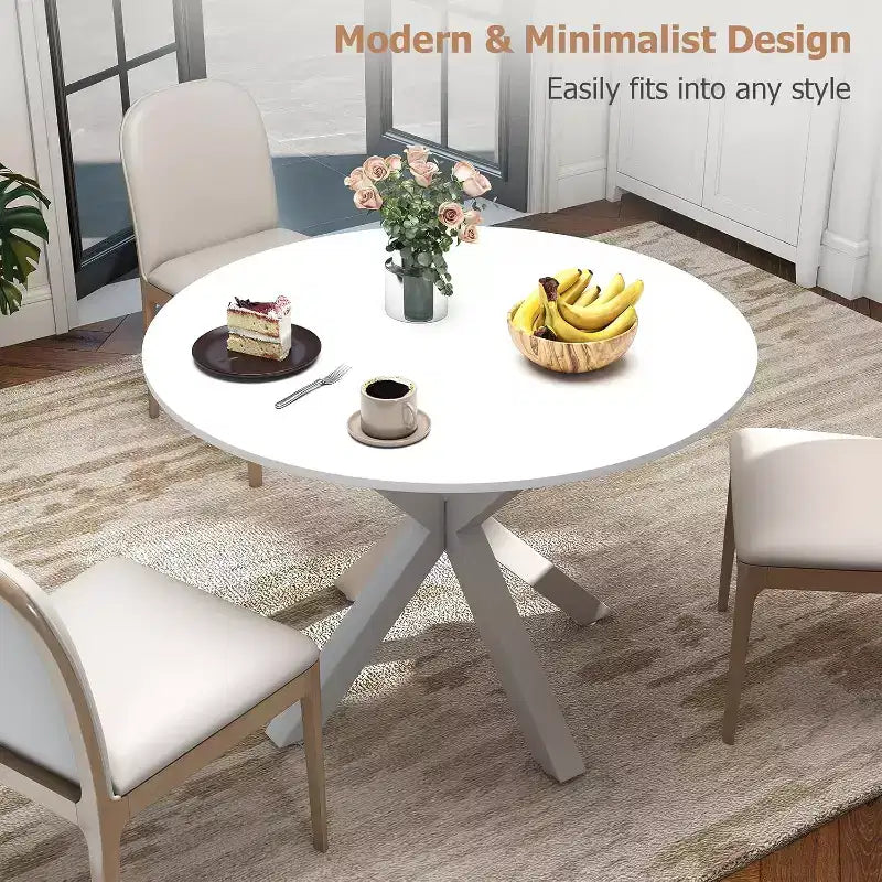 Round Dining Table, 42" Kitchen Table for 4-6, Metal Cross Legs, White
