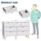 Commode moderne pour chambre à coucher, commode 7 tiroirs, commode blanche, commode en bois avec pieds et poignées en métal doré, meuble TV étroit pour entrée