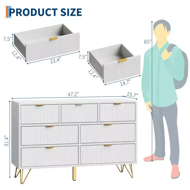 Modern Dresser for Bedroom, 7 Drawer Dresser, White Dresser,Wooden Chest of Drawer with Gold Metal Legs and Handles, Narrow Entryway Table TV Cabinet
