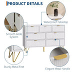 Commode moderne pour chambre à coucher, commode 7 tiroirs, commode blanche, commode en bois avec pieds et poignées en métal doré, meuble TV étroit pour entrée