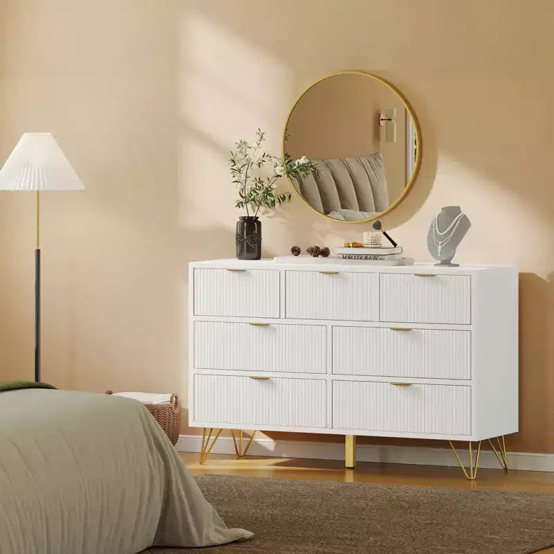 Modern Dresser for Bedroom, 7 Drawer Dresser, White Dresser,Wooden Chest of Drawer with Gold Metal Legs and Handles, Narrow Entryway Table TV Cabinet