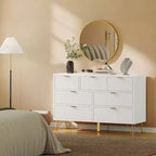 Commode moderne pour chambre à coucher, commode 7 tiroirs, commode blanche, commode en bois avec pieds et poignées en métal doré, meuble TV étroit pour entrée