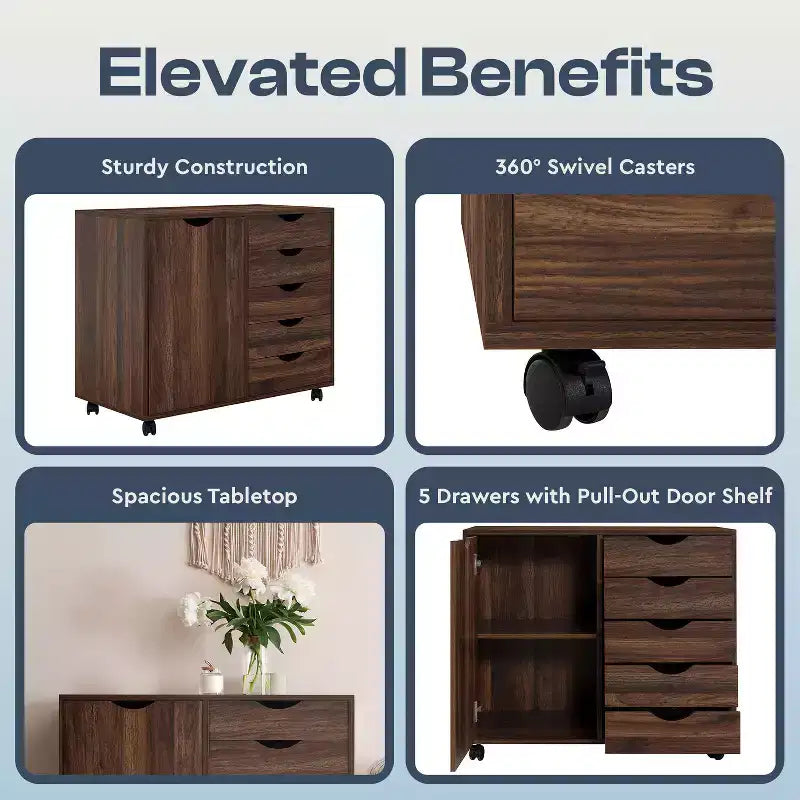 5-Drawer Office File Storage Cabinet with Shelves & Mobile Drawers