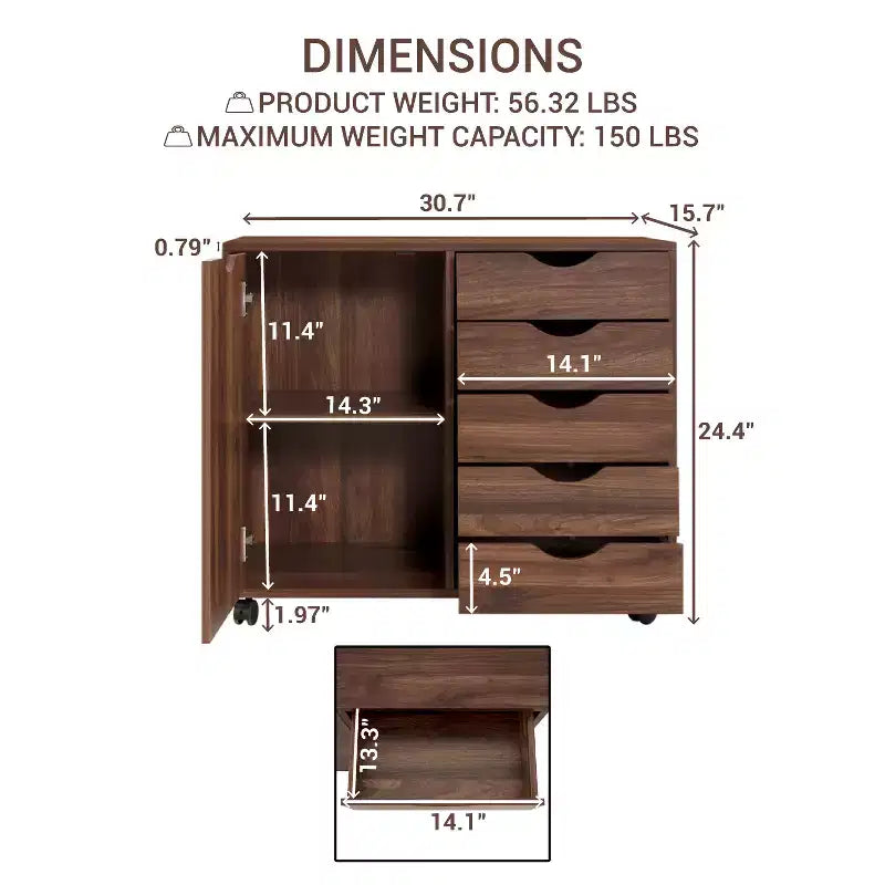 5-Drawer Office File Storage Cabinet with Shelves & Mobile Drawers