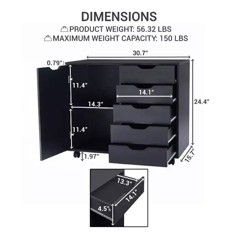 5-Drawer Office File Storage Cabinet with Shelves & Mobile Drawers