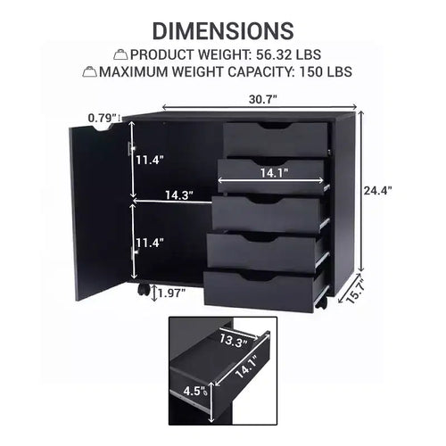 5-Drawer Office File Storage Cabinet with Shelves & Mobile Drawers