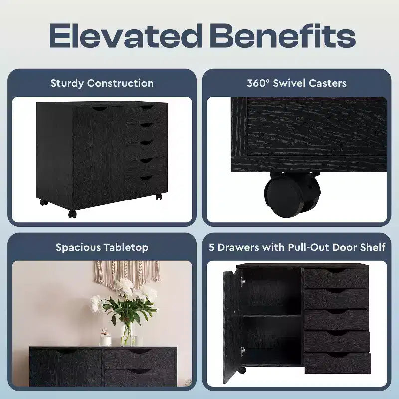 5-Drawer Office File Storage Cabinet with Shelves & Mobile Drawers